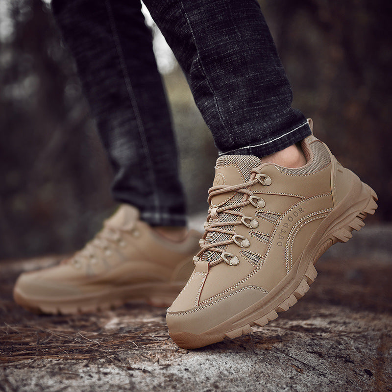 Men's tan hiking sneakers, lace-up low-top with rugged tread sole and padded collar