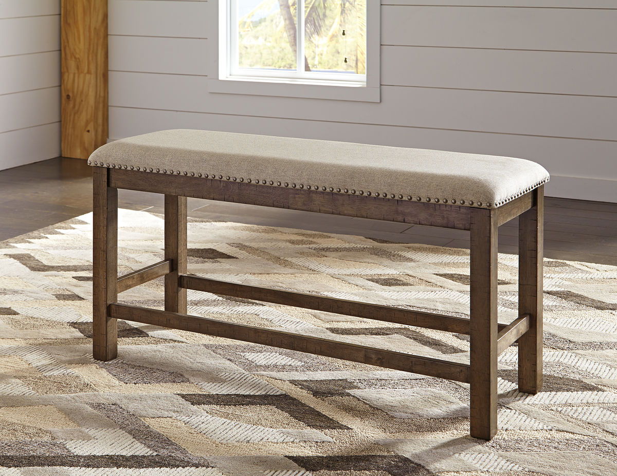 Dark brown upholstered bench with button-tufted seat and wooden frame