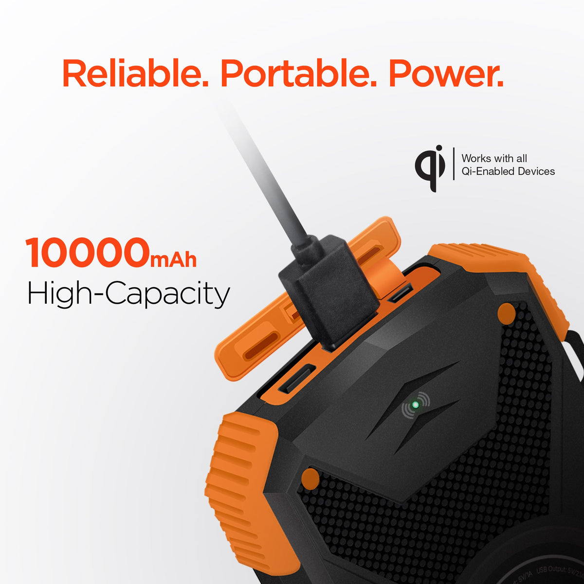 Black and orange portable wireless power bank with solar panel and status light