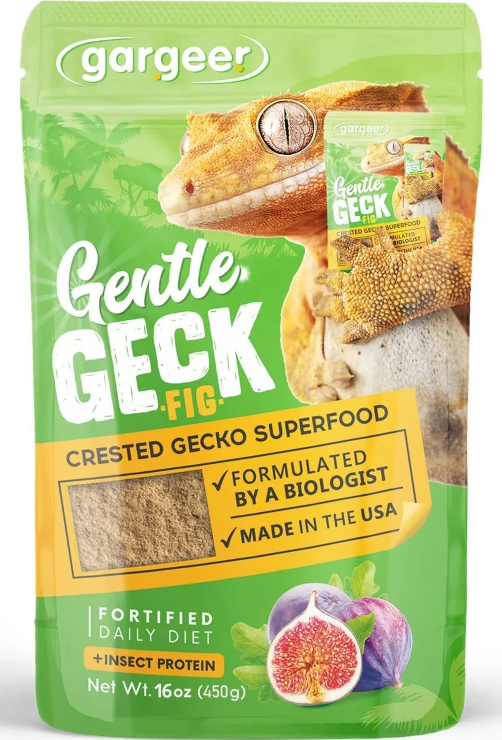 Fig crested gecko supplement pouch, green gargeer bag with gecko and fig graphic