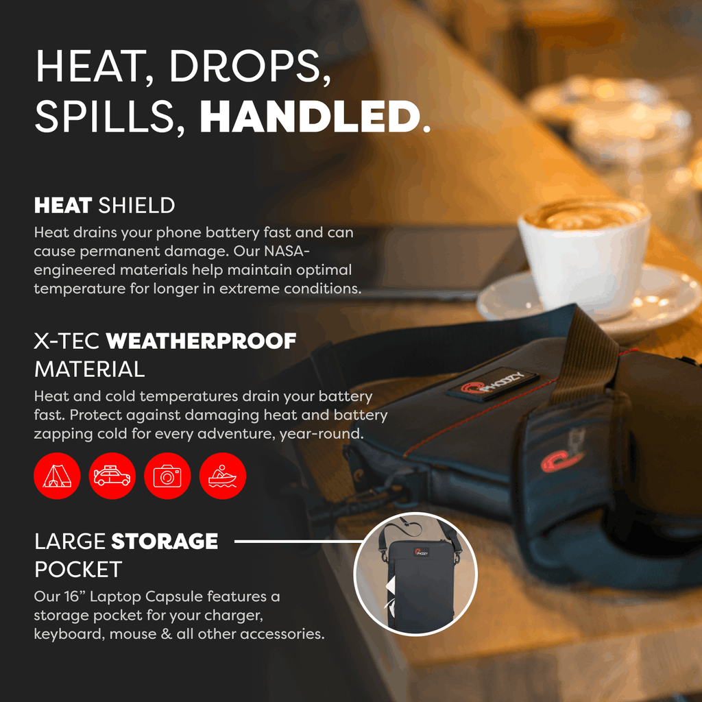 Dark tablet and laptop pouch with top flap and visible front storage pocket