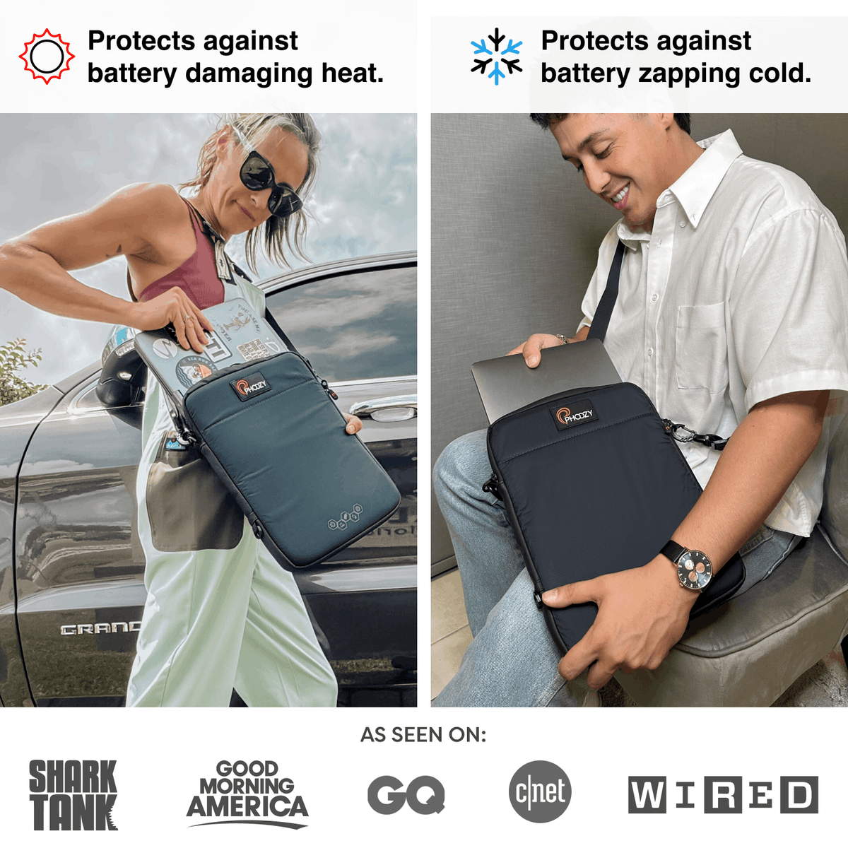 Dark tablet and laptop pouch carried by person with crossbody strap visible