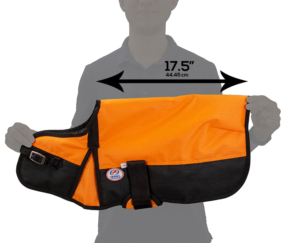 Orange and black waterproof winter dog coat with front buckle and chest strap