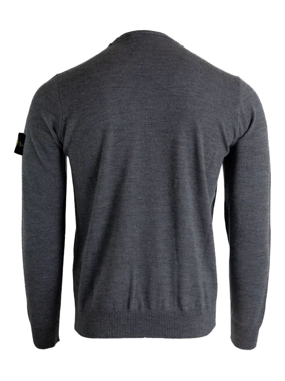 Men’s gray lightweight wool crew neck pullover, back view, ribbed hem and cuffs