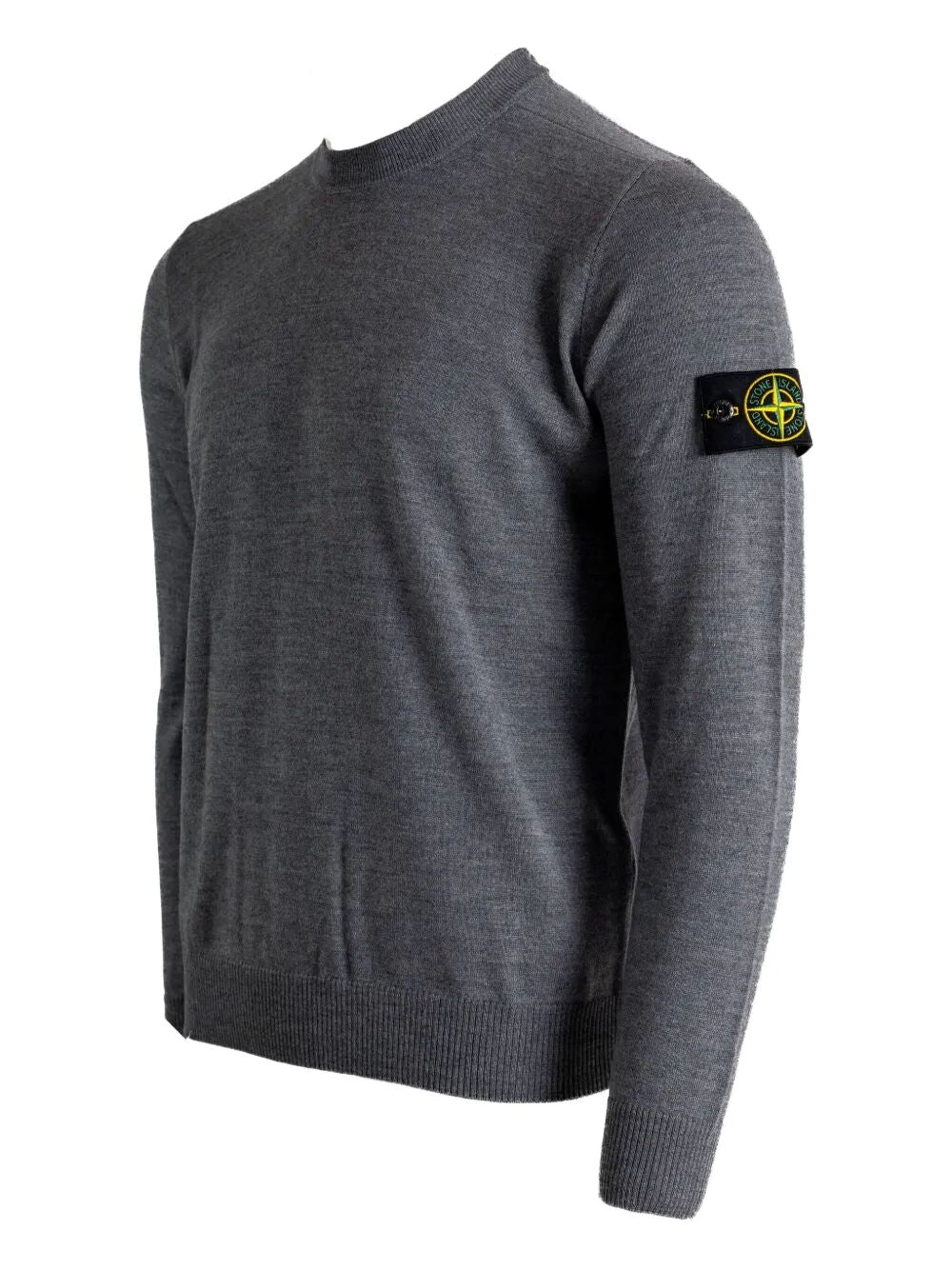 Gray lightweight wool crew neck pullover with Stone Island sleeve badge, ribbed cuffs and hem