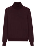 Saint Laurent men's wool turtleneck sweater, burgundy, long sleeves, ribbed cuffs and hem
