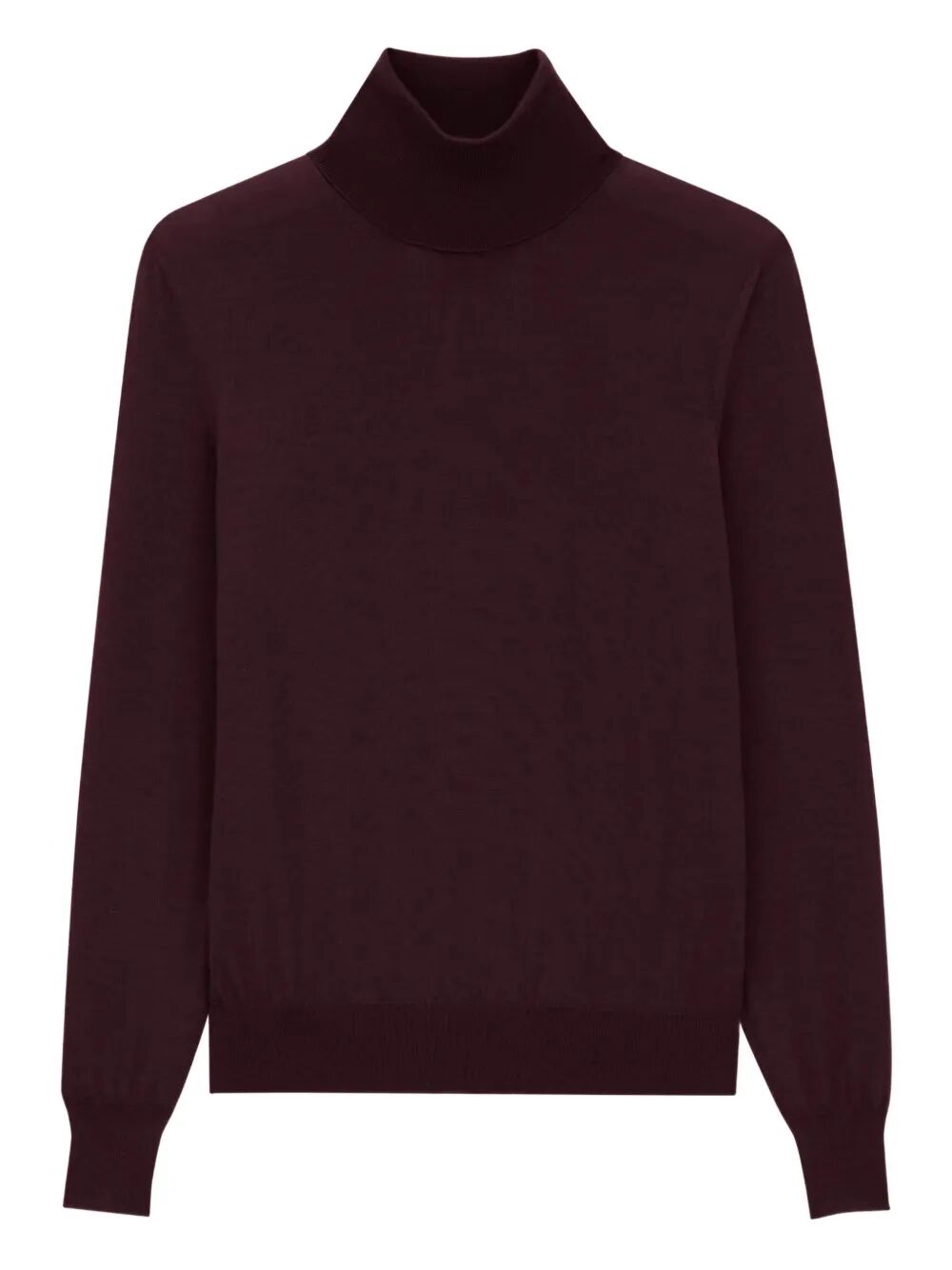 Saint Laurent men's wool turtleneck sweater, burgundy, long sleeves, ribbed cuffs and hem