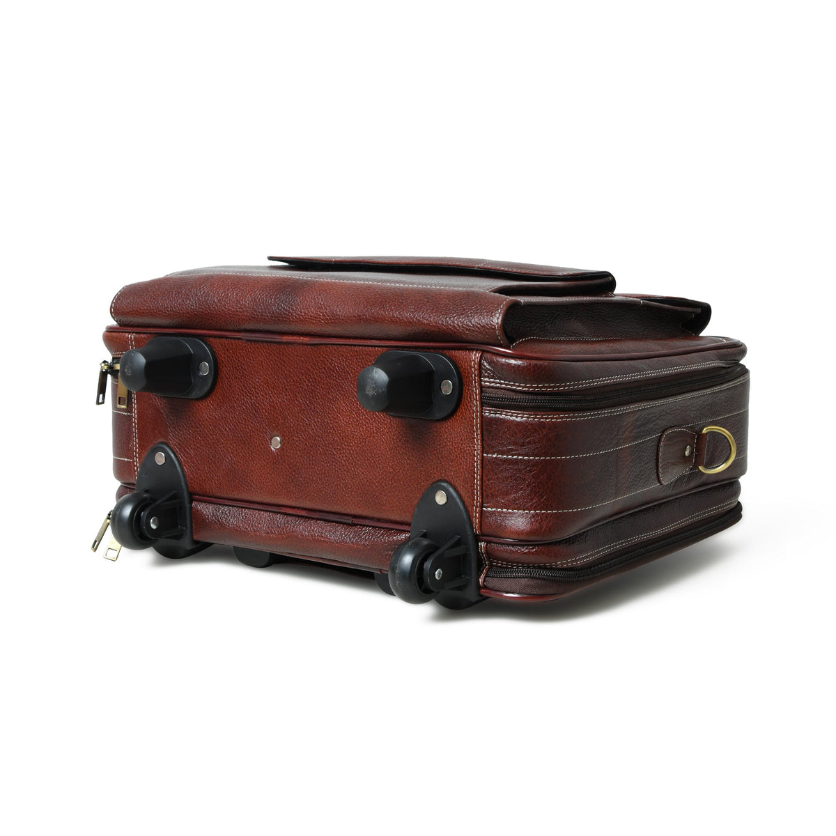 Brown leather trolley suitcase bag side view with molded corners and black wheel casters