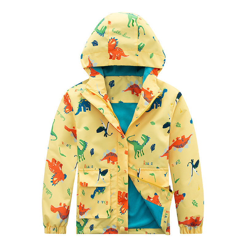 Kids' hooded waterproof jacket in pale yellow with colorful dinosaur graphic pattern