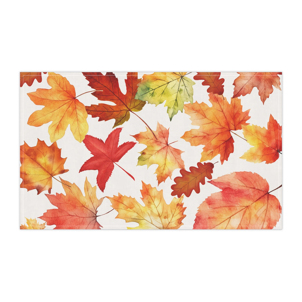 Rectangular autumn leaves tea towel, colorful fall leaf pattern across white fabric