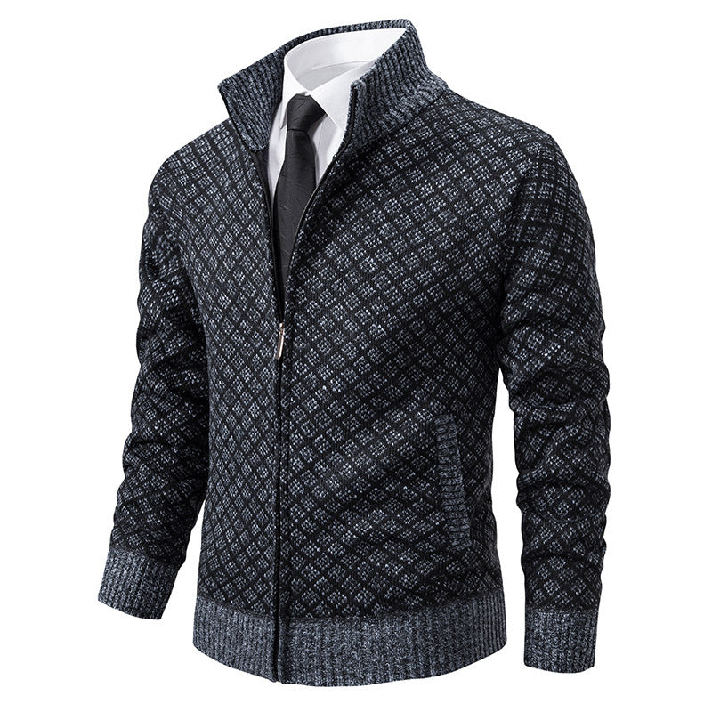 Men's plaid knit zip jacket with stand collar, blue patterned front view with zipper