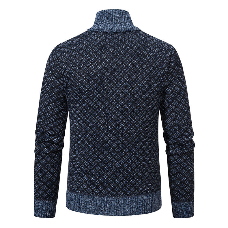 Men's plaid knit zip jacket with stand collar, blue patterned back view