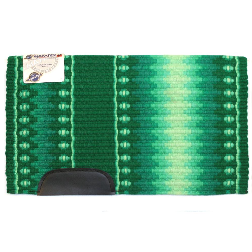 Green New Zealand wool saddle blanket with striped pattern and white fringe border
