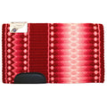 Red and pink patterned wool saddle blanket with dark trim and decorative border