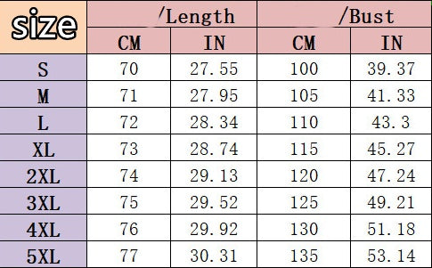 Jacket size chart table with size, length (cm/in), and bust (cm/in)