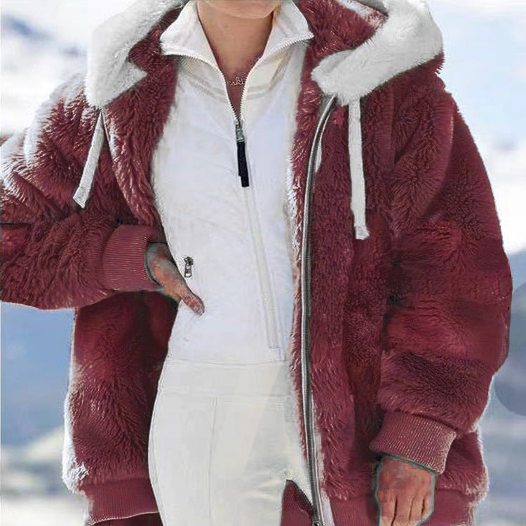 Burgundy plush zip-up hooded jacket with white lining and ribbed cuffs