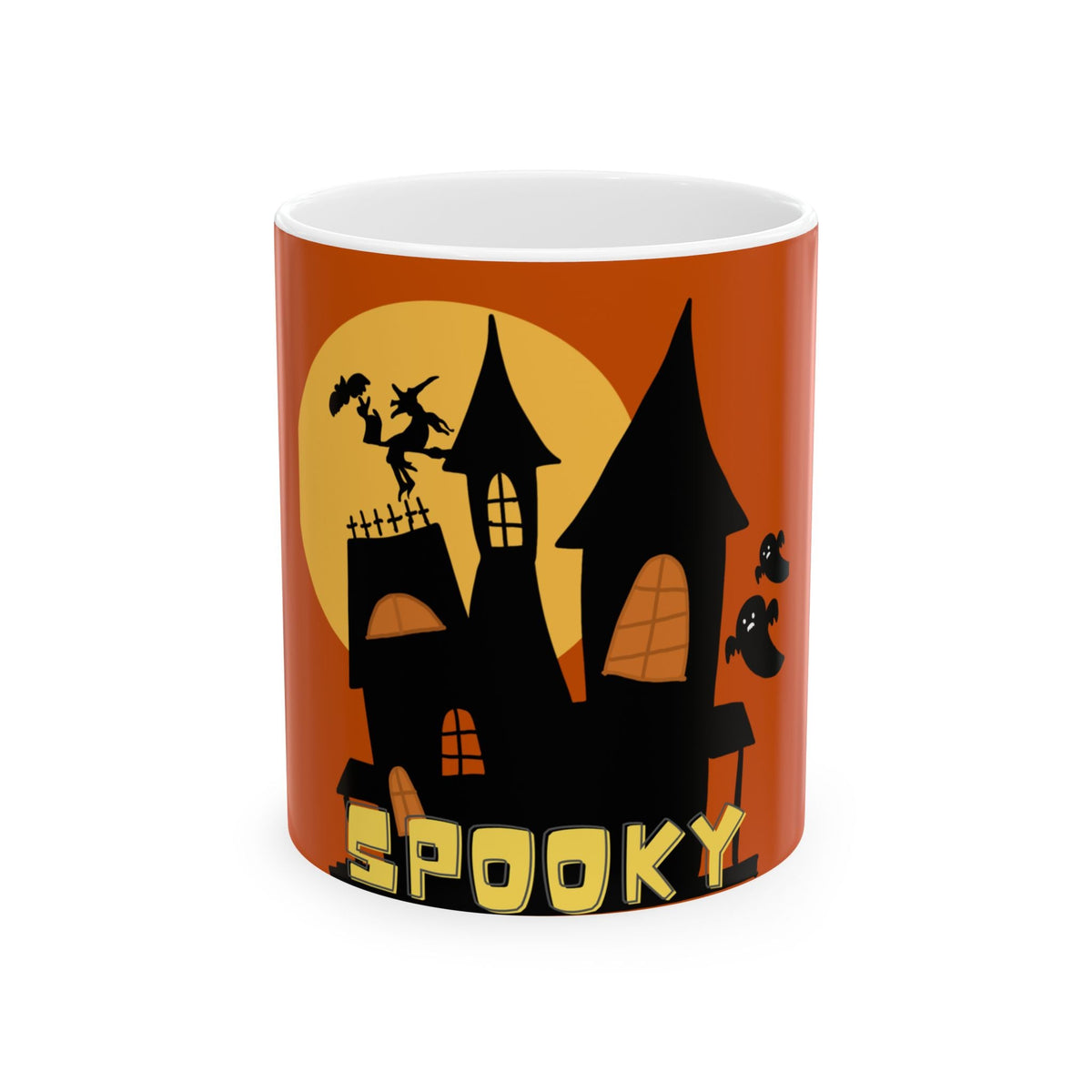 Orange ceramic Halloween mug with spooky haunted house silhouette and bats