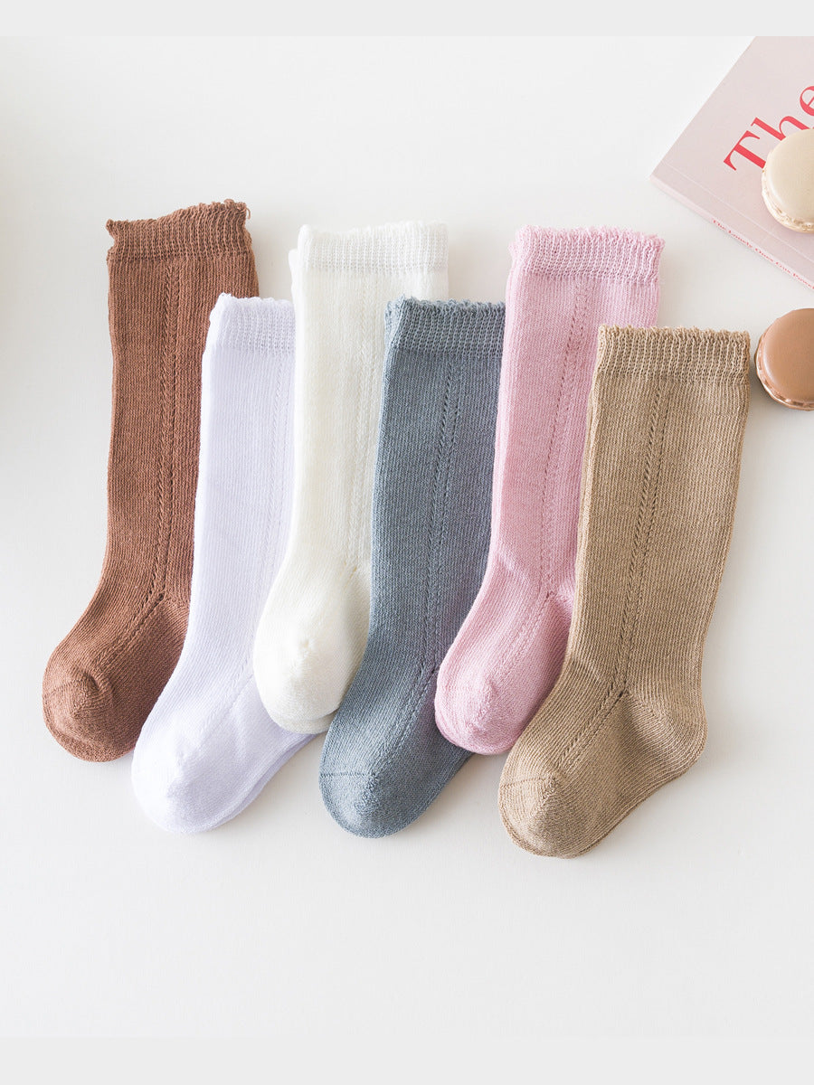Assorted baby long tube socks set, ribbed cuffs with side stitched stripes, multiple colors