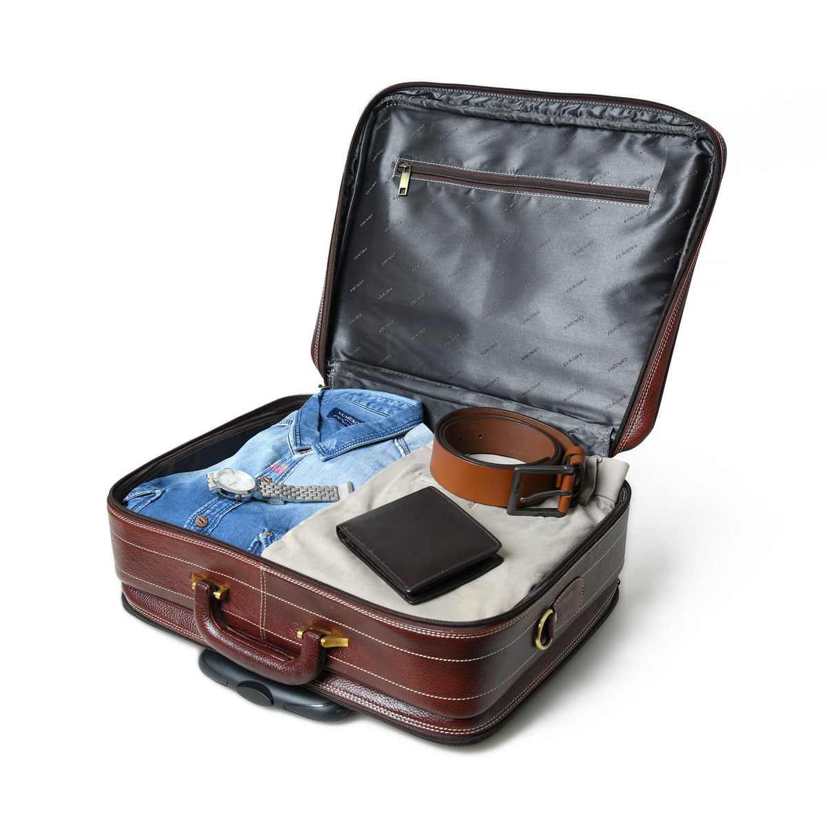 Brown leather trolley suitcase bag open with dark lining, straps, and small organizer pockets