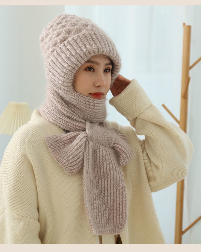 Beige knit hat and scarf set with ribbed beanie and long matching scarf