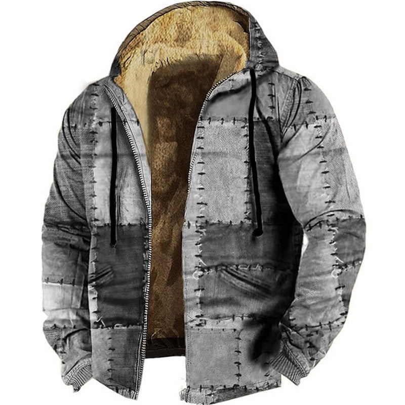 Patchwork hooded padded jacket with zip-front, draped hood opening, tan interior lining