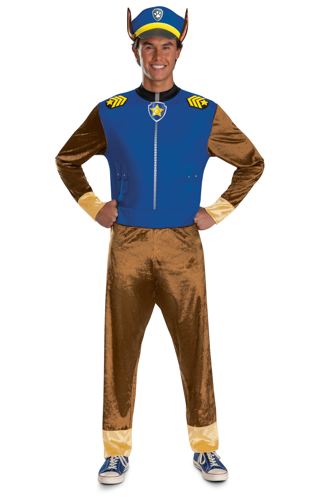 Adult men's character costume with blue zip shirt, brown pants, and matching hat
