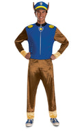 Adult men's character costume with blue zip shirt, brown pants, and matching hat