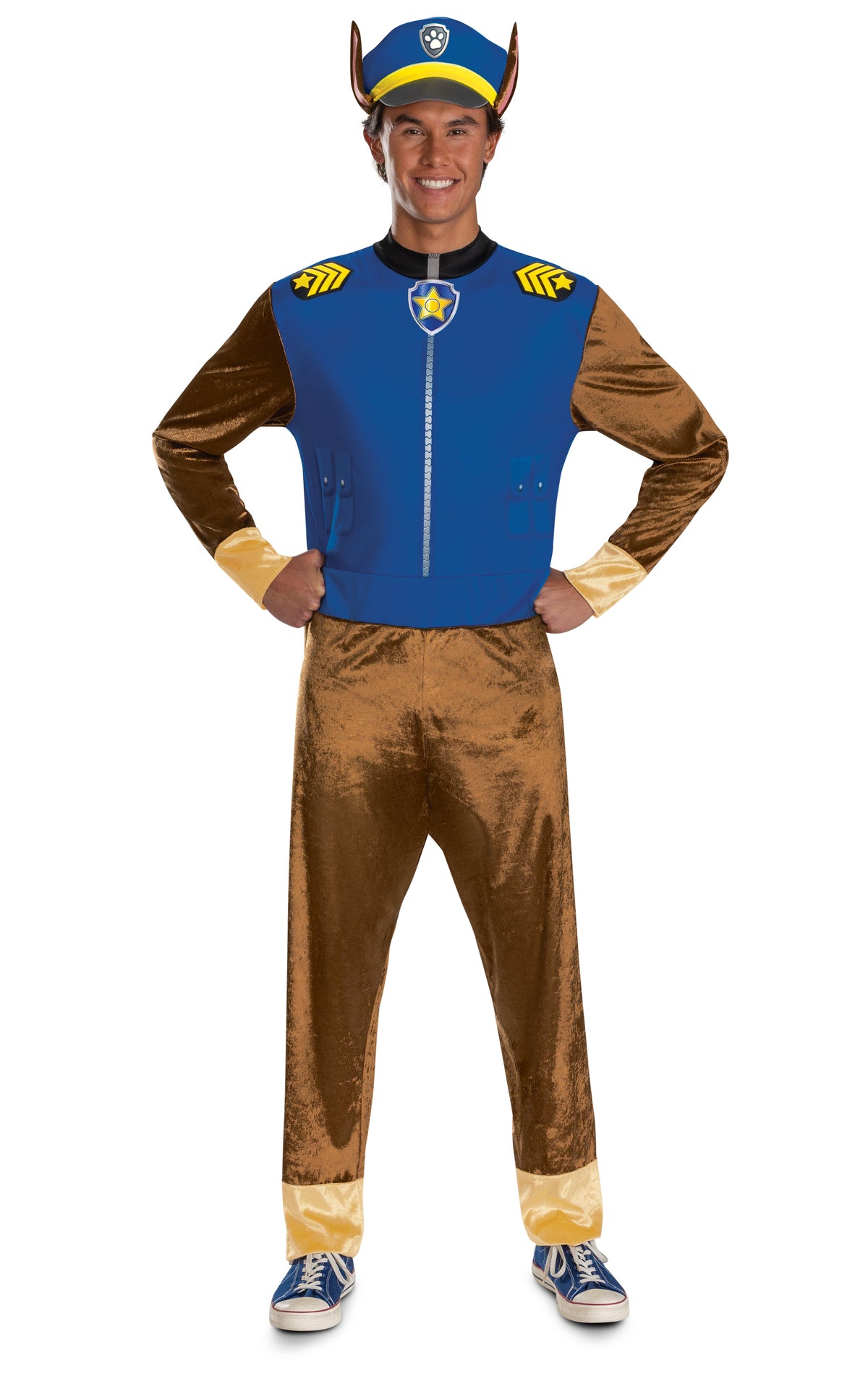 Adult men's character costume with blue zip shirt, brown pants, and matching hat