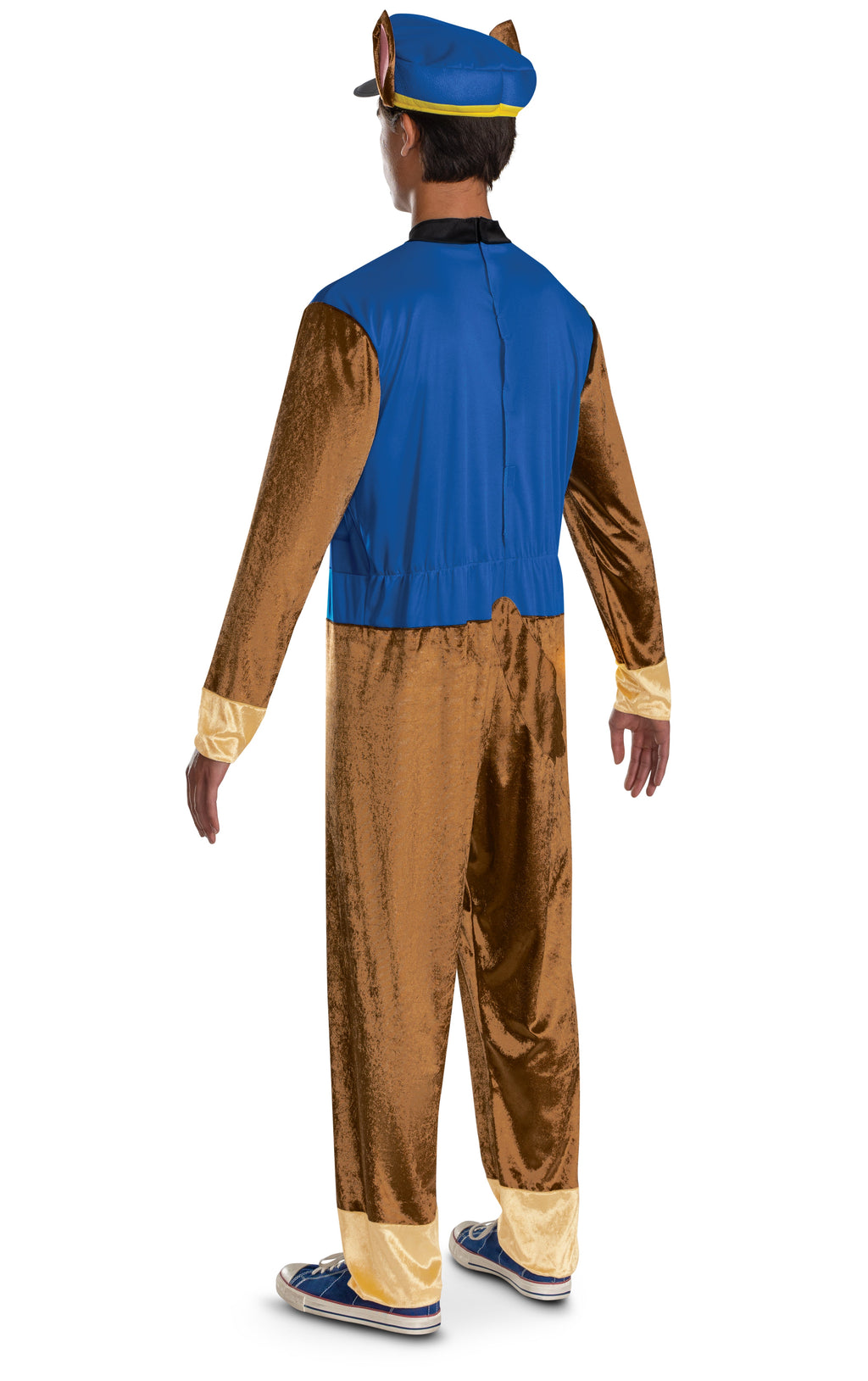 Adult men's costume with blue back zip top, brown pants, and matching hat from behind