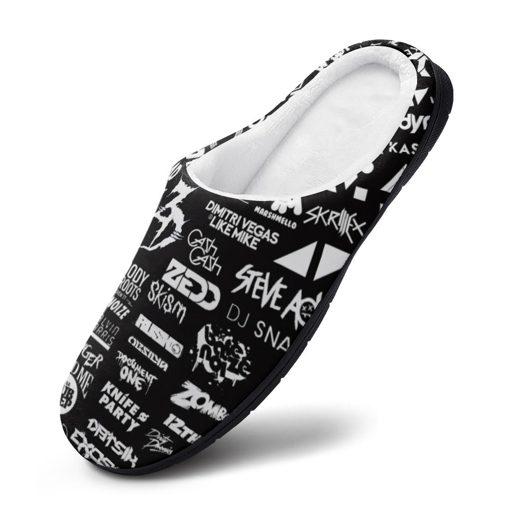 Black cotton slip-on slippers with white logo print and soft white inner lining