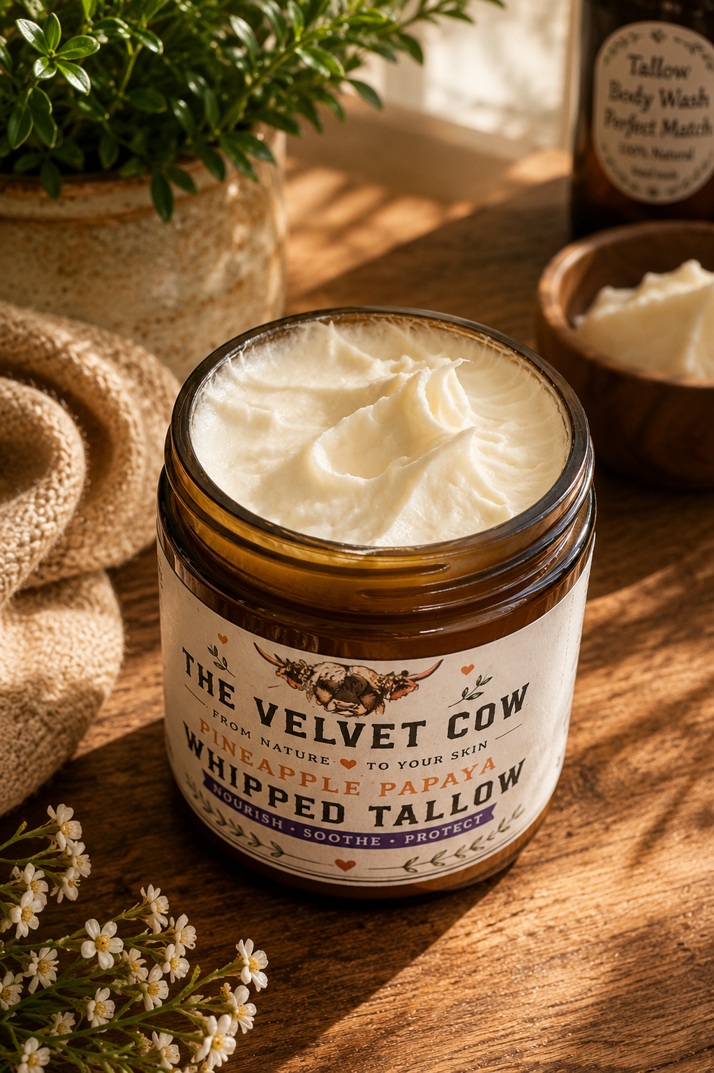 Whipped tallow body butter jar with creamy swirl texture on top