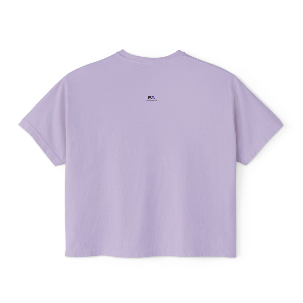 Boxy cropped cat tee, orchid purple, crew neck, short sleeves, small EA logo at chest