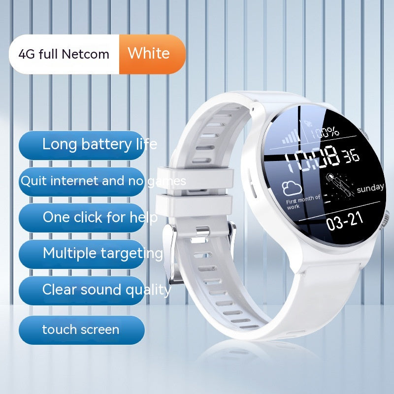 White smartwatch front view with round touchscreen and digital time readout