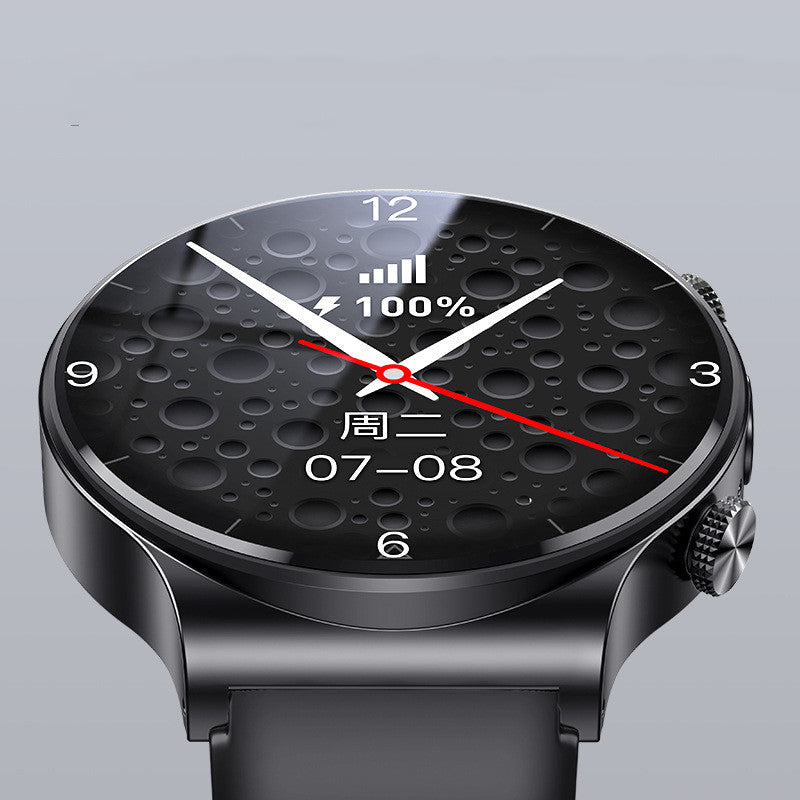 Black smartwatch top view with dotted dial pattern and red center hand