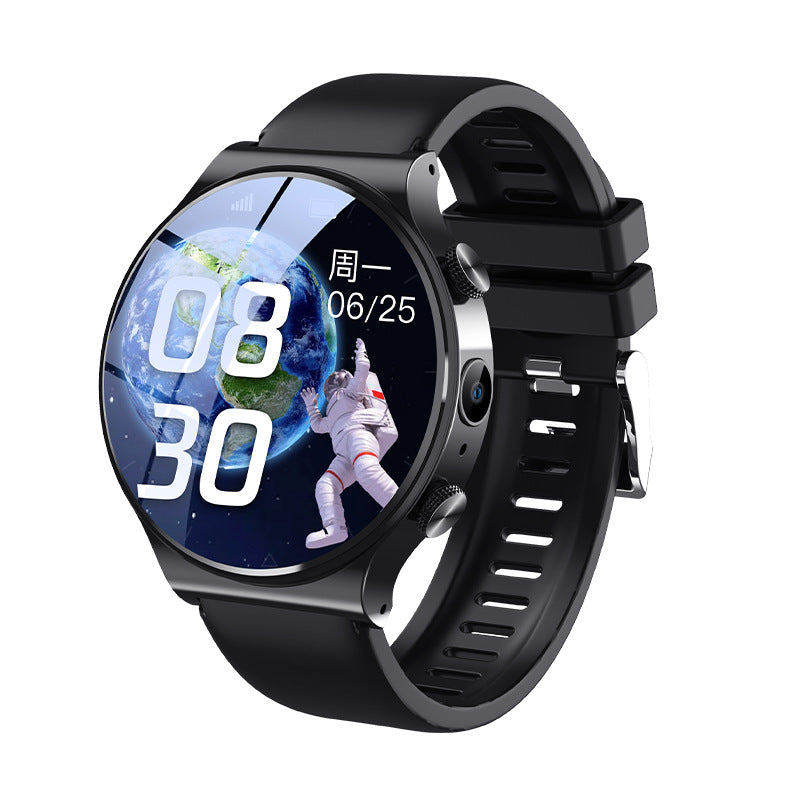 Black smartwatch angled view with round display and large digital numbers