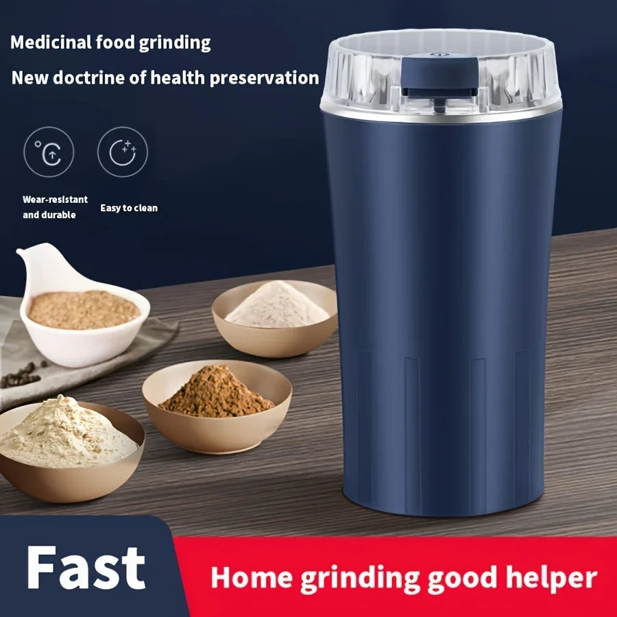 Electric blue coffee grinder with clear lid and one-press control on top