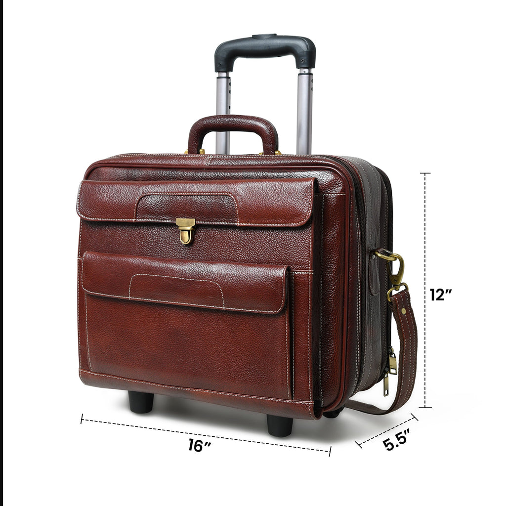 Brown leather trolley suitcase bag, 16 x 12 x 5.5 in, with telescopic handle and wheels