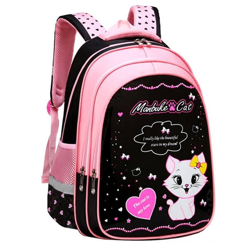 Kids cat print backpack with pink shell, black sides, and front double zipper pulls