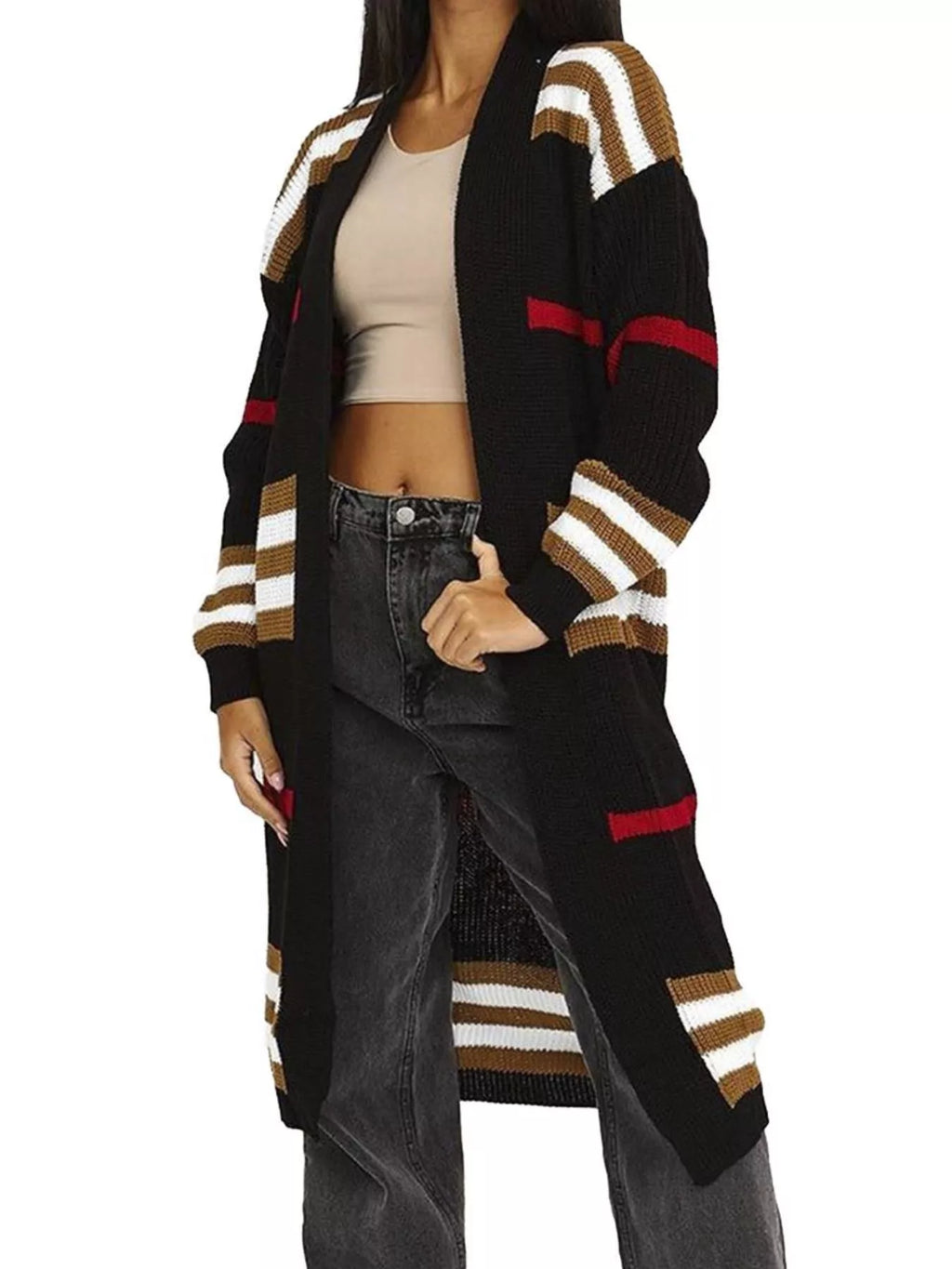 Black longline open-front cardigan with horizontal beige-and-white stripes and red stripe accents