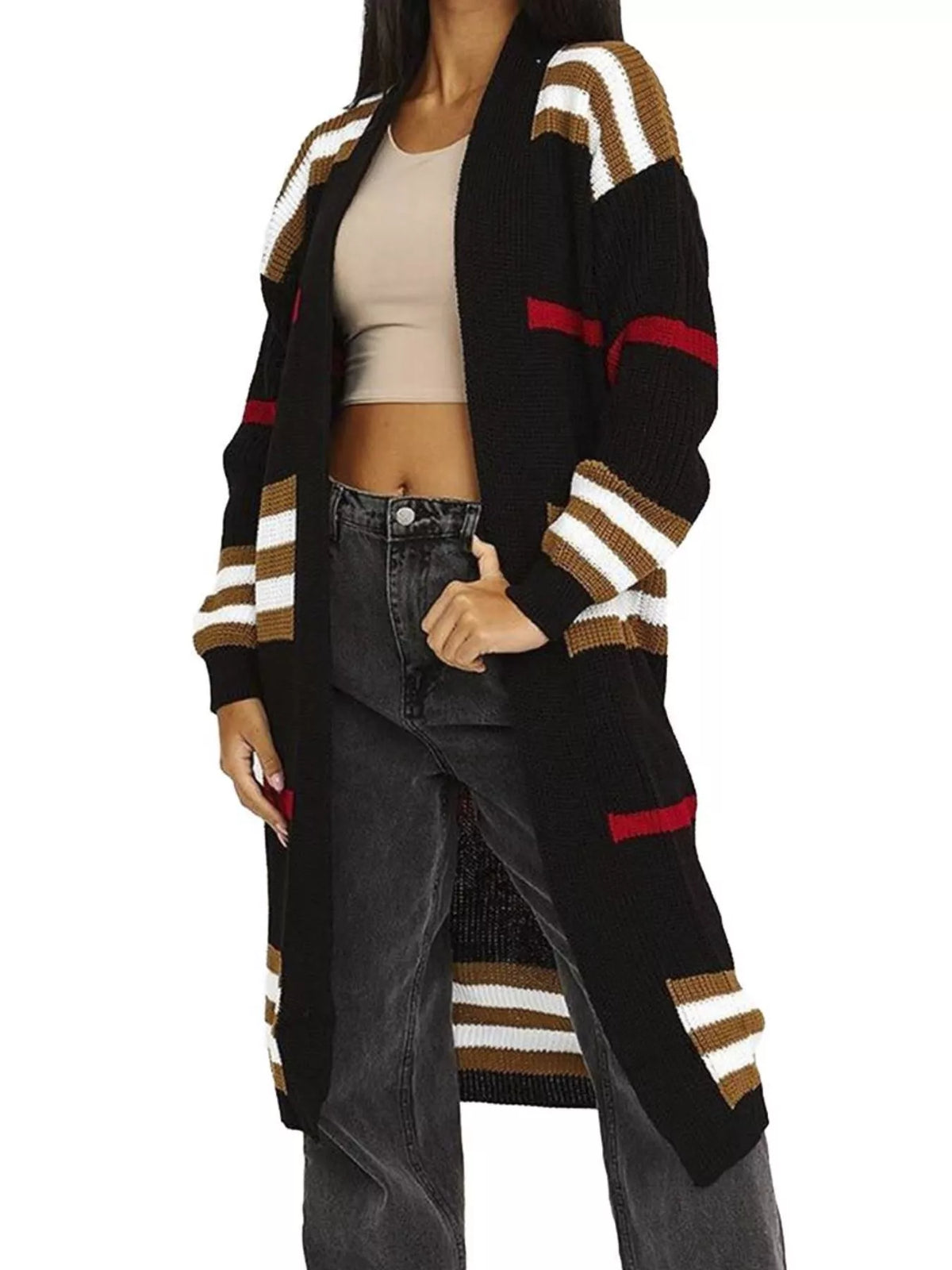 Black longline open-front cardigan with horizontal beige-and-white stripes and red stripe accents