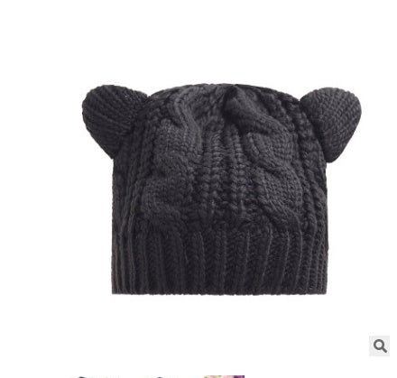 Women’s knitted cat-ear beanie hat, charcoal gray with braided cable texture