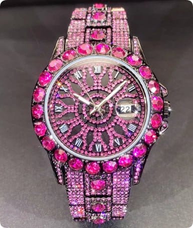 Pink rhinestone hip-hop watch with pink bezel stones and round pink dial