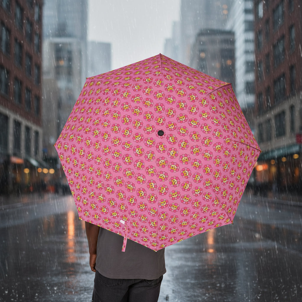 Pink compact umbrella with patterned canopy, open in rainy city street