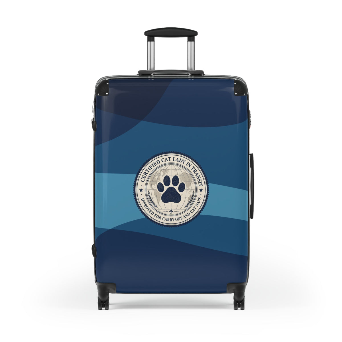 Blue hard-shell suitcase back view with paw seal and top handle