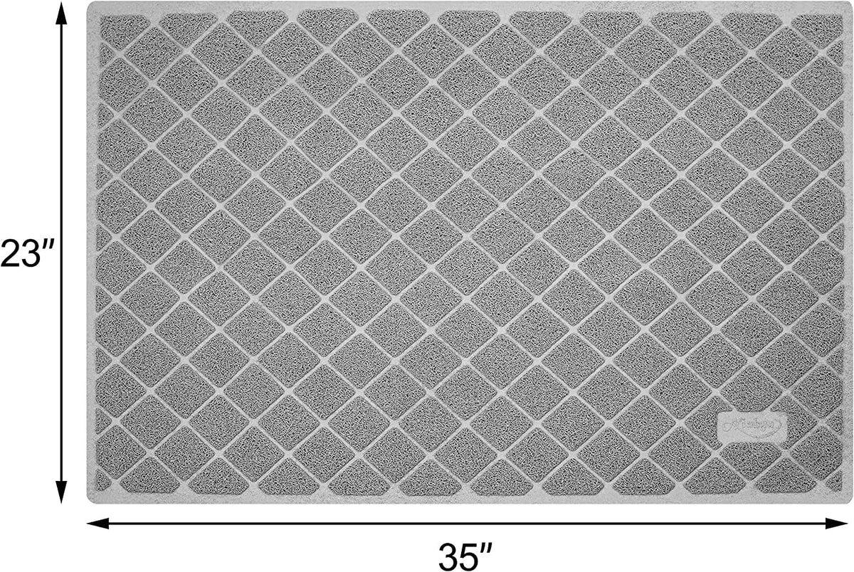 Gray cat litter mat with a diamond grid, measuring 35 by 23 inches
