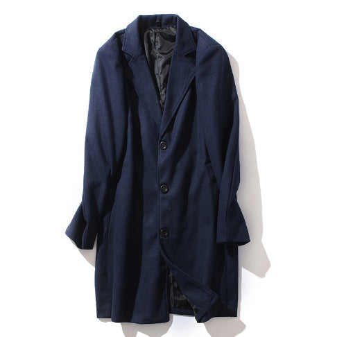 Men's mid-length wool coat in dark navy with notch lapels and button front