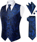Royal blue paisley silk vest with matching tie and pocket square set