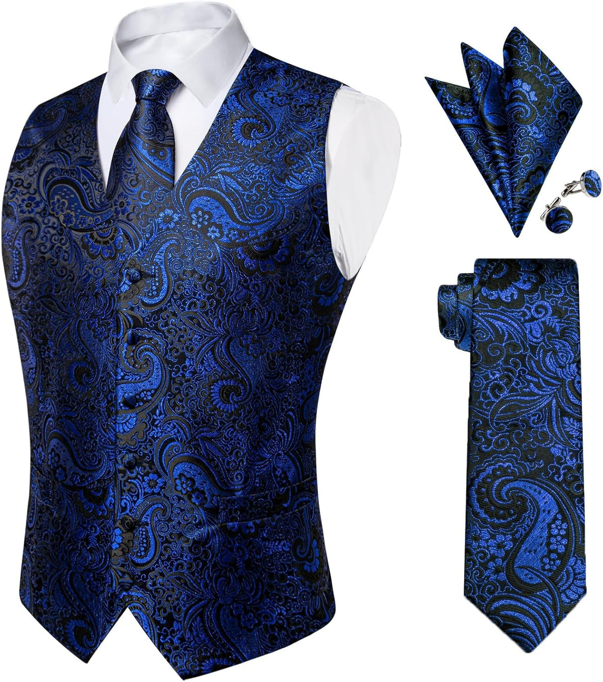 Royal blue paisley silk vest with matching tie and pocket square set
