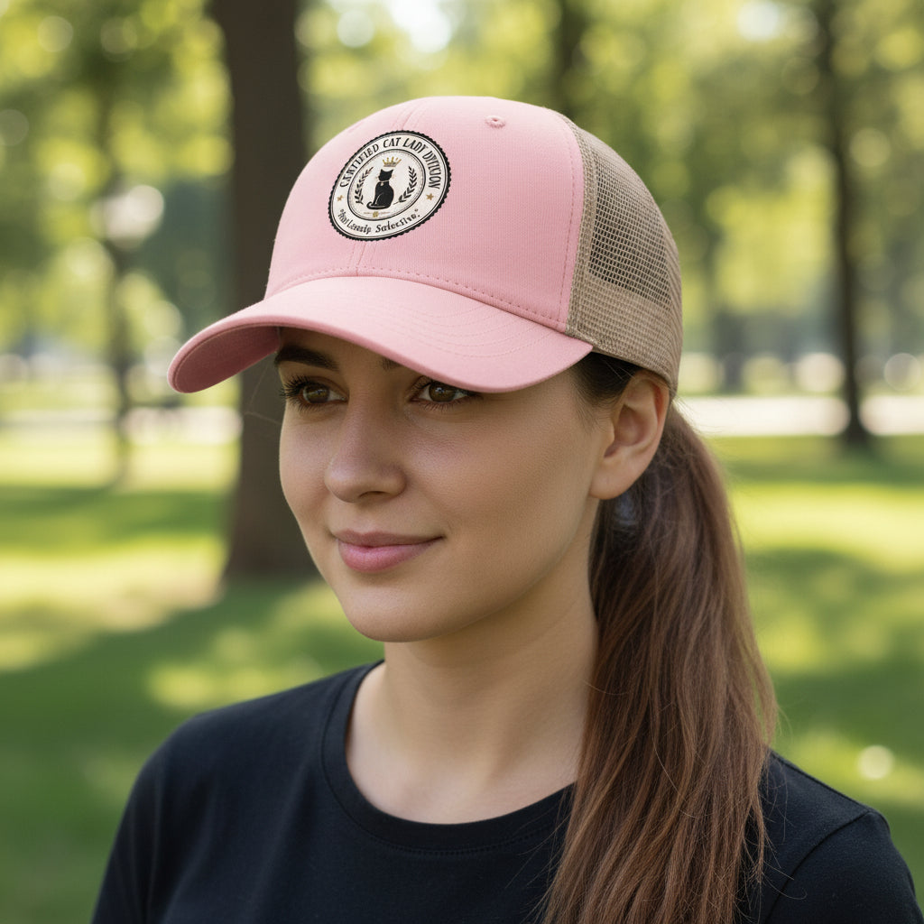 Dusty pink ponytail cap with mesh back and round logo patch