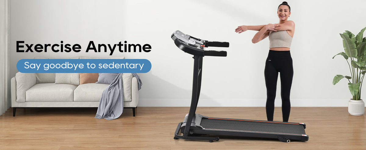 Black folding treadmill with console display and wide textured running deck for home exercise